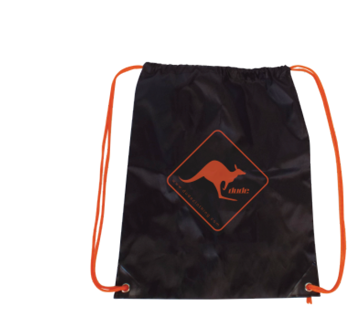 An image showing a Drawstring Black bag with printed Dude logo in orange.