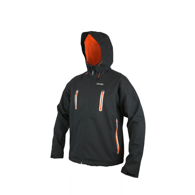 An image showing Dude Tech Caddy Jacket in black with Elasticated hood pull tie with stiffened peak