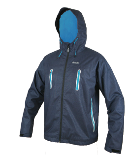 An image showing Dude Tech Caddy Jacket in navy with Elasticated hood pull tie with stiffened peak
