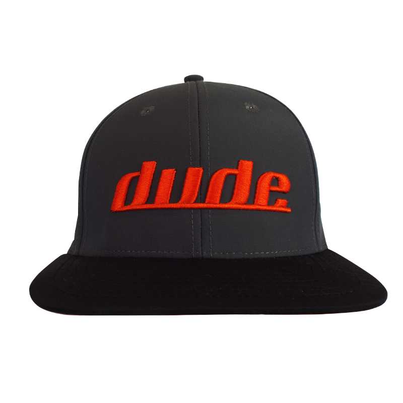 An image showing a Grey Ethan Cap with orange dude logo print