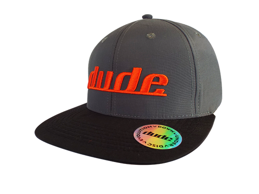 An image showing a Grey Ethan Cap with orange dude logo print