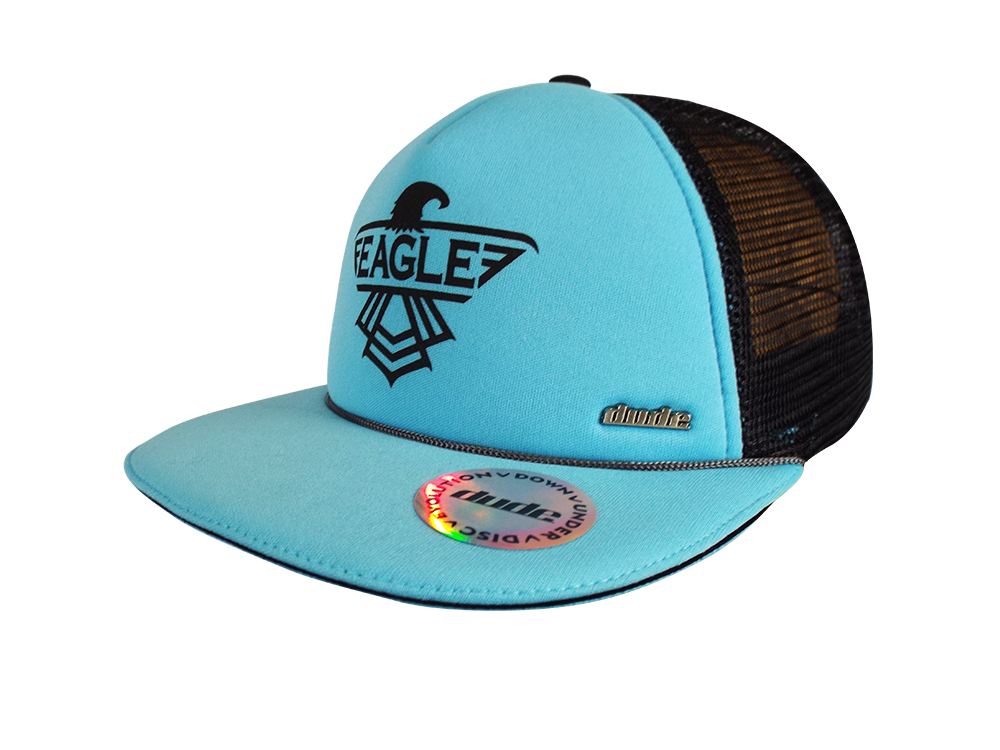 An image showing a Blue Eagle Trucker Snapback with a black eagle print