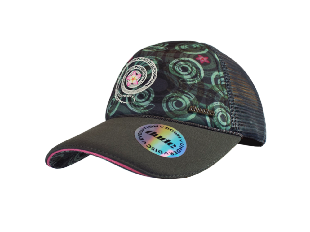 An image showing a Black Jessica Trucker Cap with Sublimated Exclusive Spiral Print front and under brim