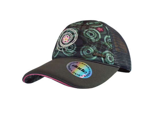 An image showing a Black Jessica Trucker Cap with Sublimated Exclusive Spiral Print front and under brim