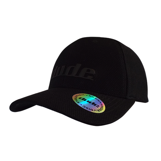 An image showing a Dude Black Tech Rubber Cap with a black dude logo print