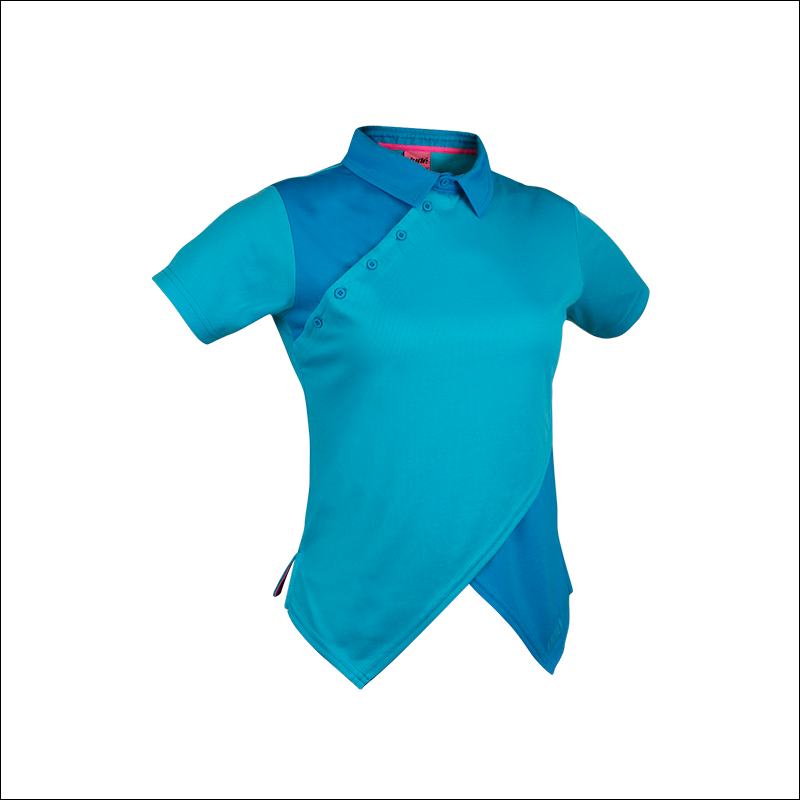 An image of Melodie Pro Polo blue in color polo with Contract and Cross over Front V Construction