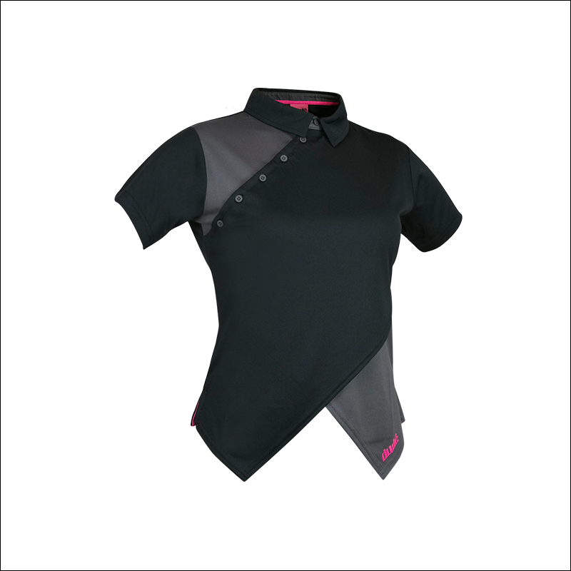 An image of Melodie Pro Polo black in color polo with Contract and Cross over Front V Construction