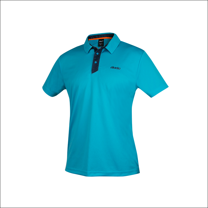 An image of Dude Pro Polo in aqua/navy color with Printed Logo on chest