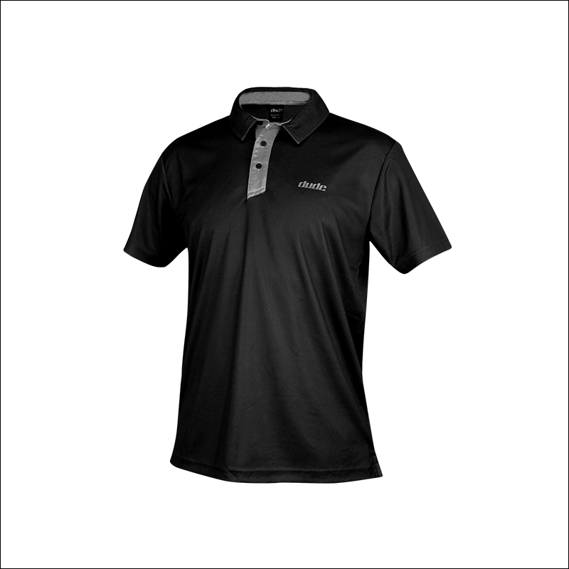 An image of Dude Pro Polo in black/grey color with Printed Logo on chest