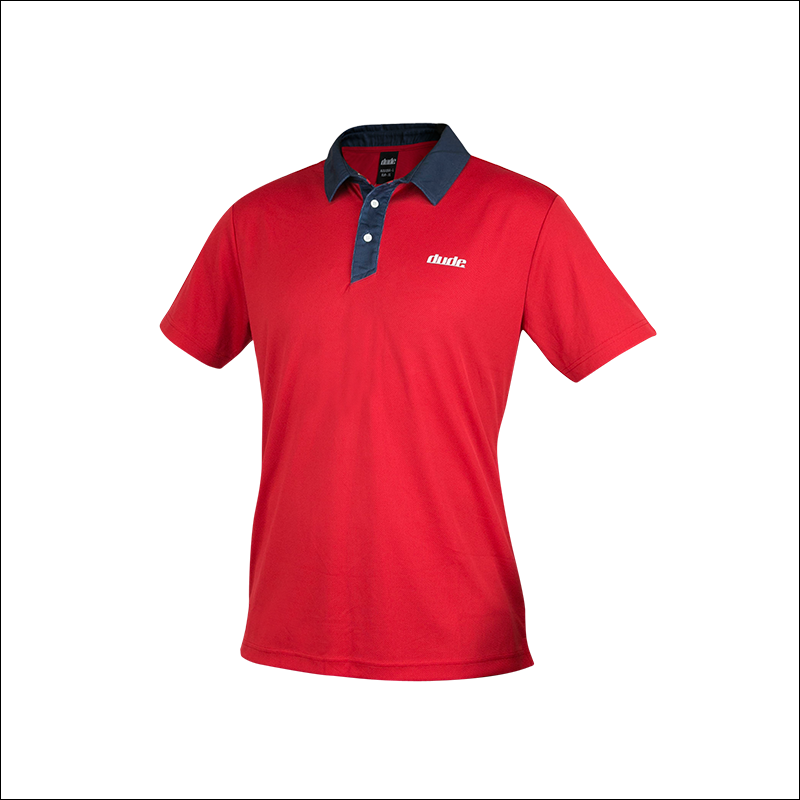 An image of Dude Pro Polo in red/navy color with Printed Logo on chest