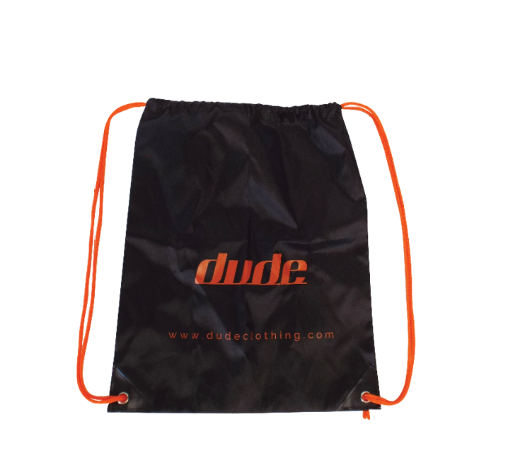 An image showing a Drawstring Black bag with printed Dude logo in orange.