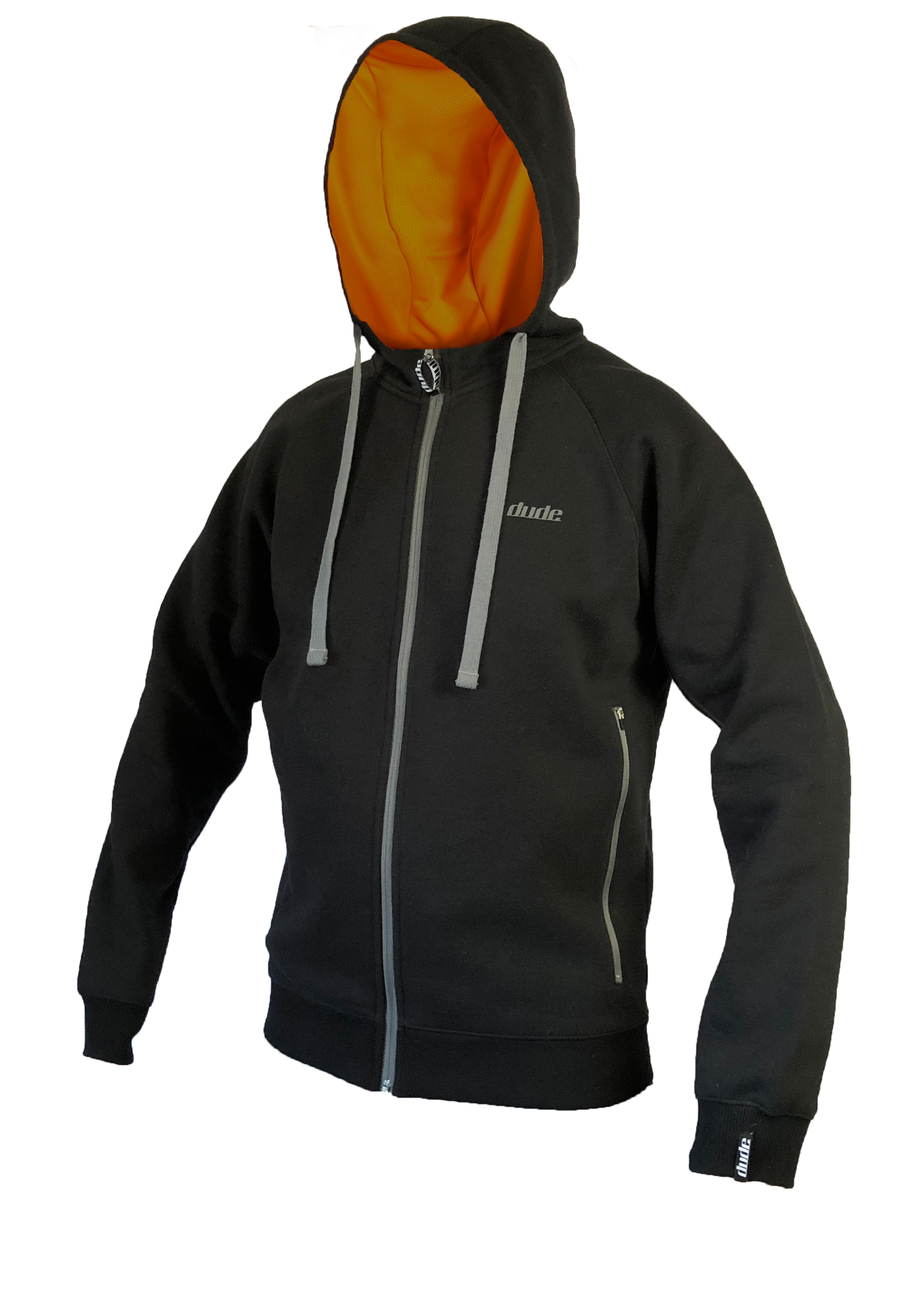 An image showing Dude Mens Inspire Tech Hoodie in black color with Fully lined contrast hood