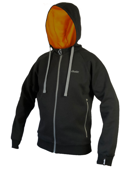 An image showing Dude Mens Inspire Tech Hoodie in black color with Fully lined contrast hood