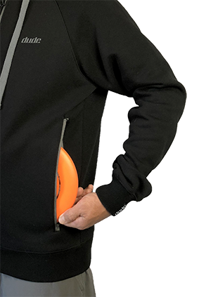 An image showing Dude Mens Inspire Tech Hoodie in black color with Contrast zip secure pockets