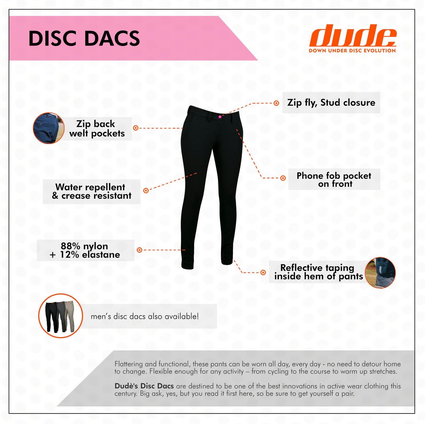 An image showing Ladies Disc Dacs - Disc golf  and dries super-fast,  Disc golf apparel. Black color.