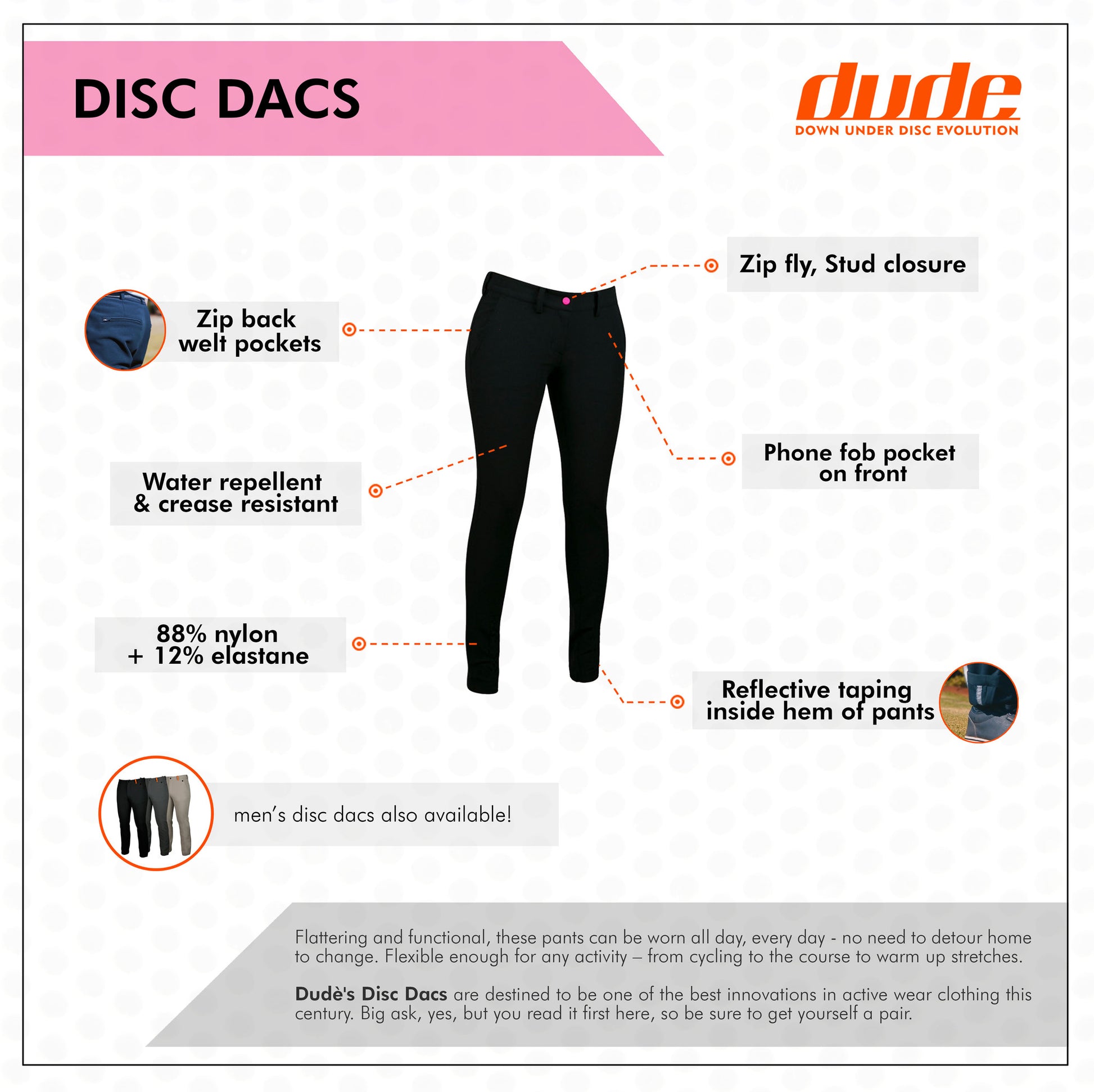 An image showing Ladies Disc Dacs - Disc golf  and dries super-fast,  Disc golf apparel. Black color.