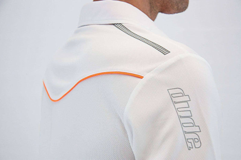 An image showing Arden Polo, Golf Clothe for men sleeve.  strip orange print shirt.