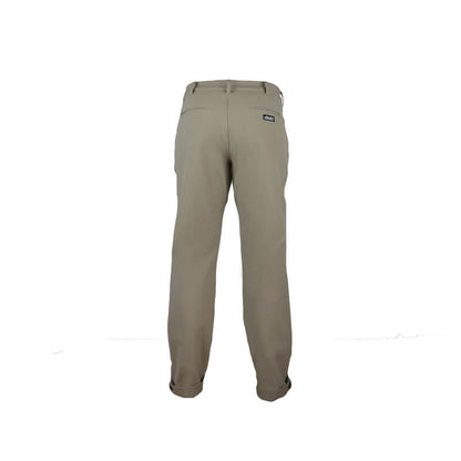 An back image  of  Dude Mens Disc Dacs in khaki color Reflective taping on inside hem of pant