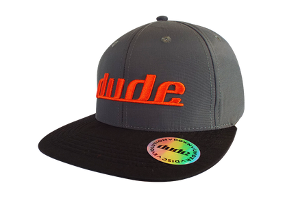 An image showing a Grey Ethan Cap with orange dude logo print