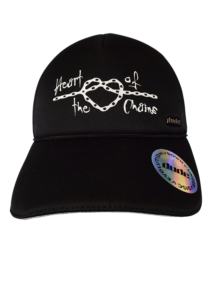 An image showing Kona Trucker Cap, stitching "heart of the  chains" front with dude logo. 