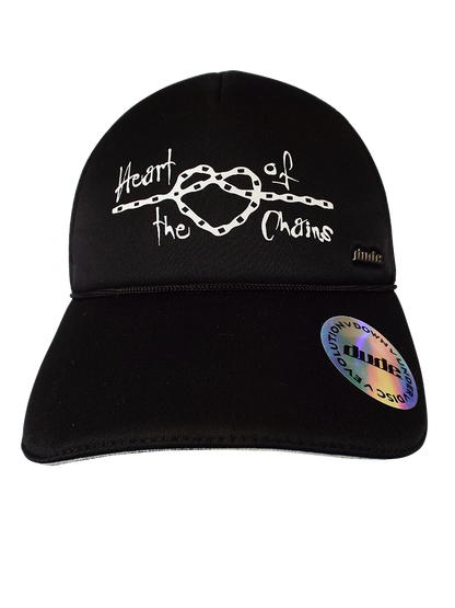 An image showing Kona Trucker Cap, stitching "heart of the  chains" front with dude logo. 