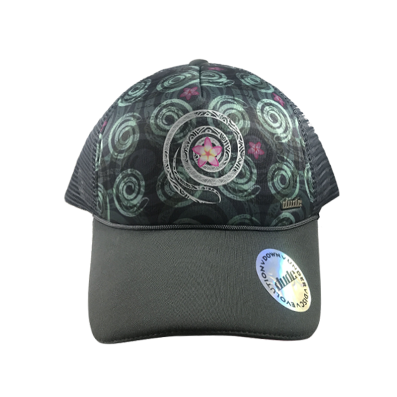 An image showing a Black Jessica Trucker Cap with Sublimated Exclusive Spiral Print front and under brim