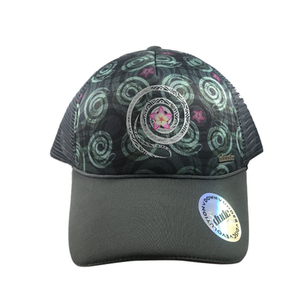 An image showing a Black Jessica Trucker Cap with Sublimated Exclusive Spiral Print front and under brim
