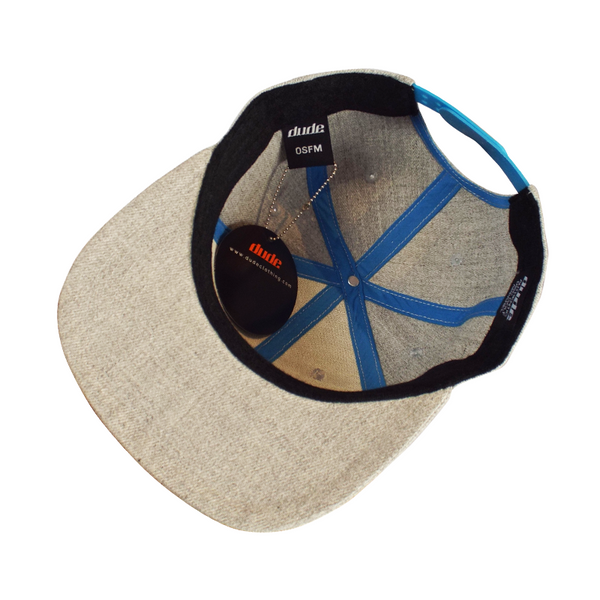 An image showing a Gray KJ Nybo flat brim hat, with blue print 