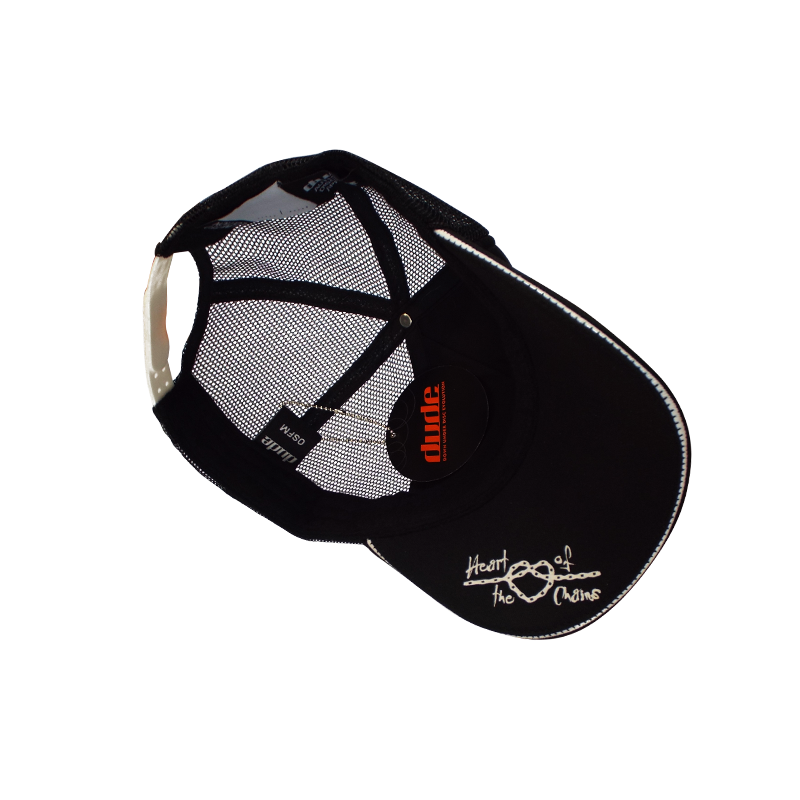 An image showing Kona Trucker Cap,  "heart of the chains" stitched underside print.