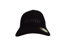 An image showing a Dude Black Tech Rubber Cap with a Black dude logo print 