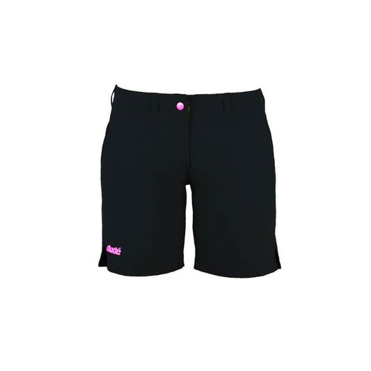 An image showing Ladies pro short. Disc golf apparel with dude  logo at the right side of the short. color black