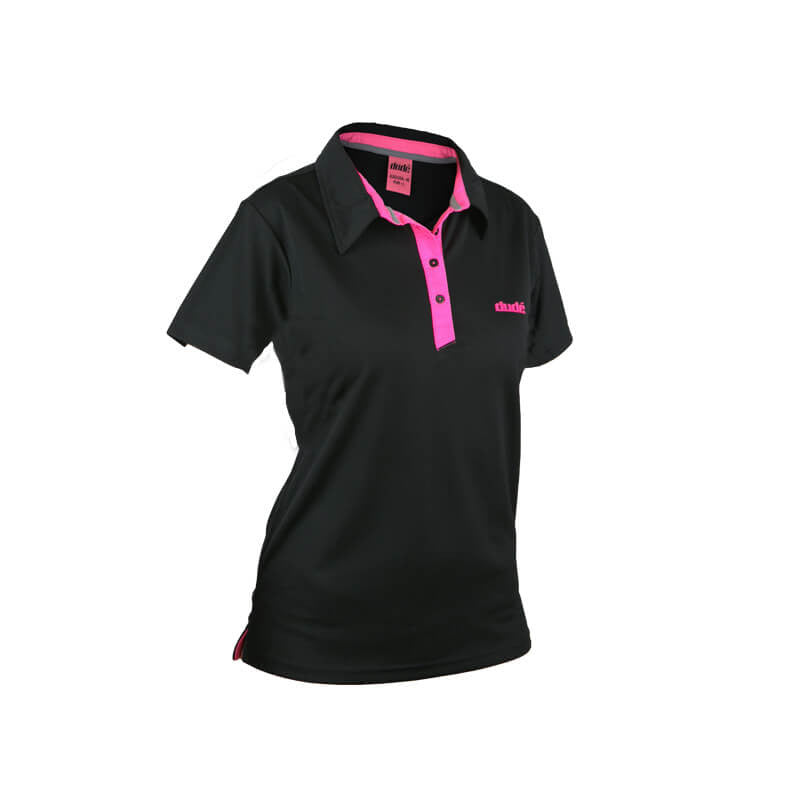 An image showing ladies Pro polo,  color black with lining of pink.  The best disc golf clothing polo shirt.