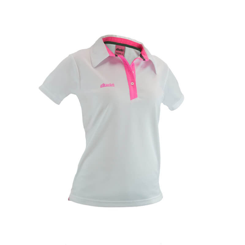 An image showing dude Ladies Pro polo,  color white with lining of pink.  The best disc golf clothing polo shirt.