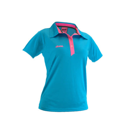 An image showing ladies Pro polo,  color Blue with lining of pink.  The best disc golf clothing polo shirt.