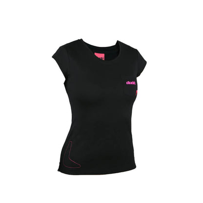 An image showing Ladies Boomer Tee - dries super-fast,  Disc golf apparel. Black color.