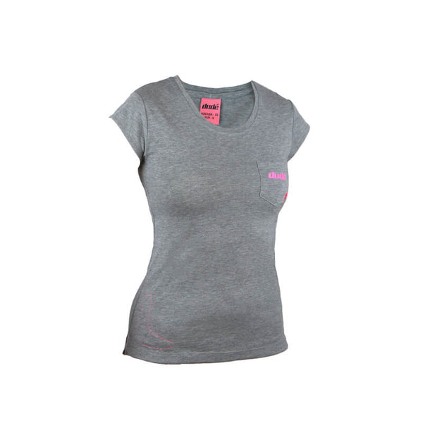 An image showing LAdies Boomer Tee-  Disc golf logo shirt, Gray Color