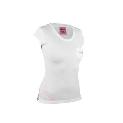 An image showing Ladies Boomer Tee-  Disc golf logo shirt, White Color