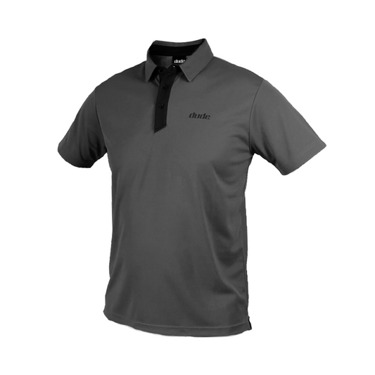 An image of Dude Pro Polo in grey/black color with Printed Logo on chest 