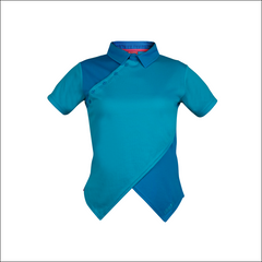 An image of Melodie Pro Polo blue in color polo with Contract and Cross over Front V Construction