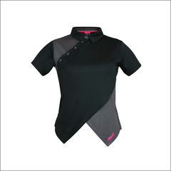 An image of Melodie Pro Polo black in color polo with Contract and Cross over Front V Construction