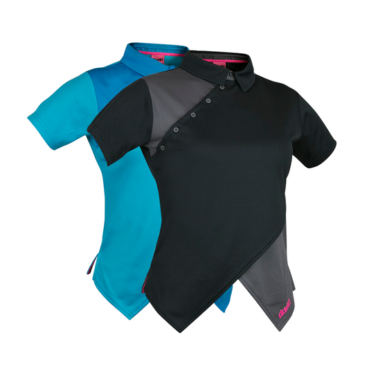 An image of Melodie Pro Polo a disc golf clothing, blue and black in color