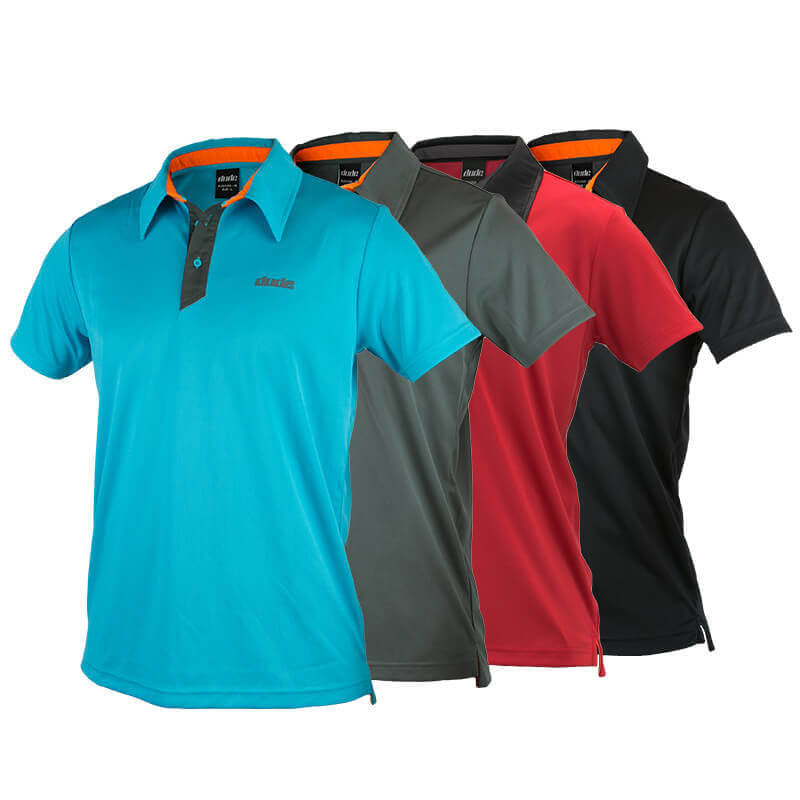 An image of Dude Pro Polos in aqua, grey, red and black color