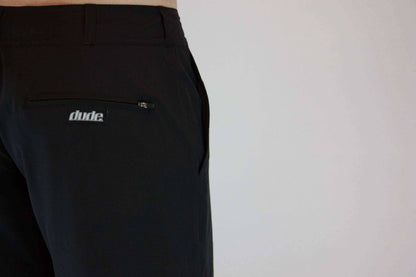 An image showing  Dude Pro Shorts 21" outleg in black color with Zip back welt pockets