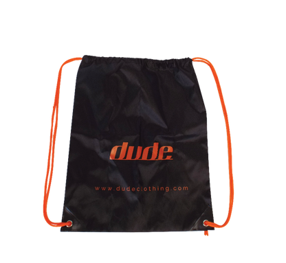 An image showing a Drawstring Black bag with printed Dude logo in orange.