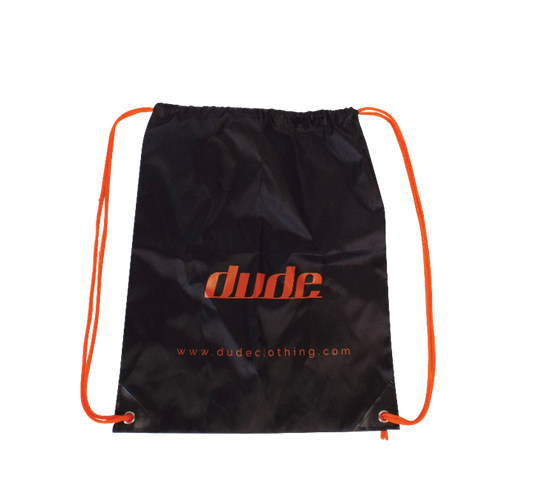 An image showing a Drawstring Black bag with printed Dude logo in orange.