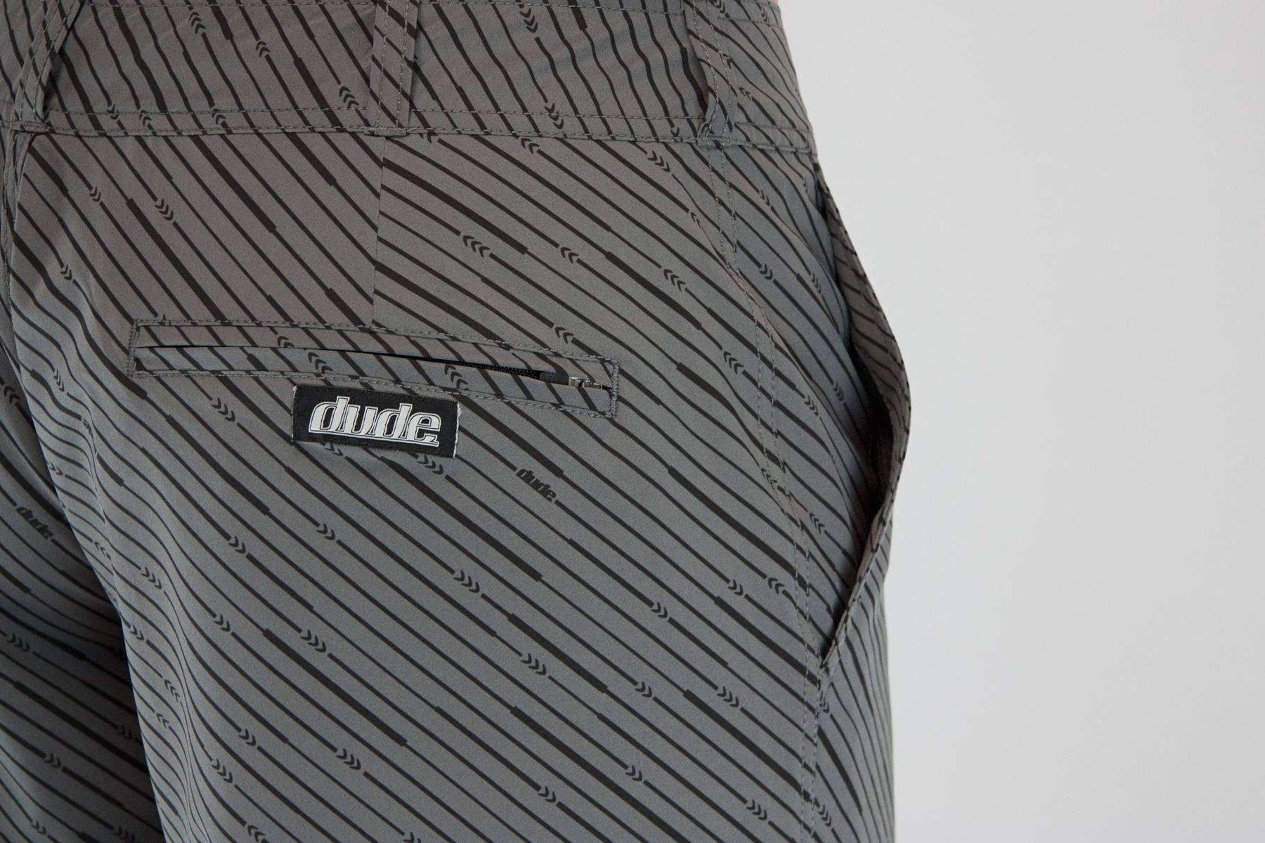 An image showing  Dude Pro Shorts 21" outleg in grey color with Zip back welt pockets
