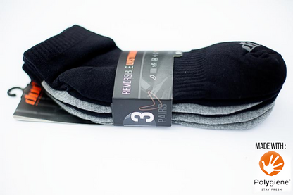 An image showing Reversible Unstinkable Socks from Dude Apparel. Showing three pairs 