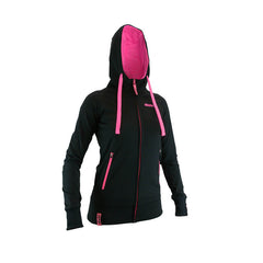 An image showing Ladies Inspire Tech Hoodie-  Disc Golf swaetshirt with Fully lined contrast hood with  dri-fit mesh lining. Black/Pink Color