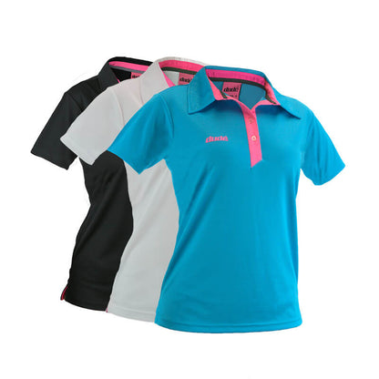 An image showing dude Ladies Pro Polo,  Disc golf clothing. Aqua/Pink, Black/pink, White/Pink color