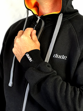An image showing Dude Mens Inspire Tech Hoodie in black color with Zip pull